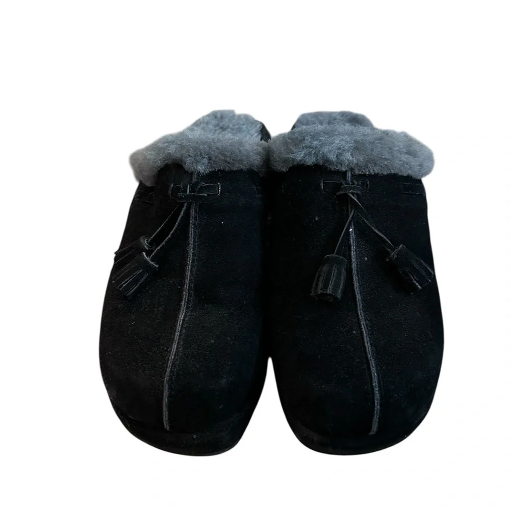 RJ Fuzzies Sheepskin Clog tassel women’s Mule  Black 8 slip on - Picture 2 of 7
